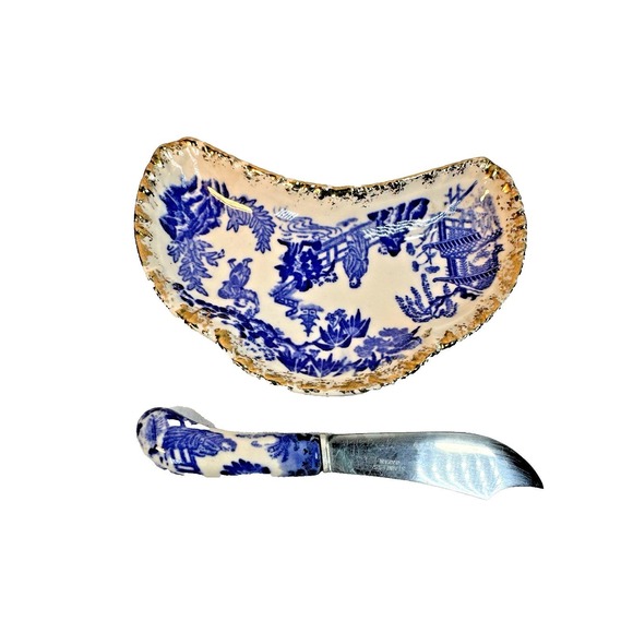 Other - Vintage Japan Blue and White Crescent Bone Dish & Matching Spreader Knife Set 5"